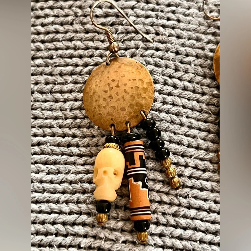 Peruvian Handmade Boho Tribal Skull Dangle Earrings Mixed Media Gold Black